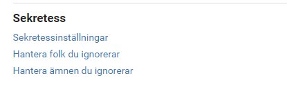 Skärmdump av en webbsida med meny för Sekretessinställningar och alternativ för att hantera ignorering.