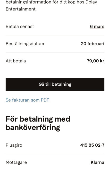Skärmbild av ett e-postmeddelande med betalningsdetaljer och en knapp för att se fakturan som PDF.