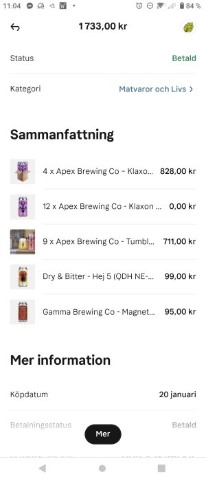 Skärmklipp från en app som visar en betald order på 1733 kr för olika ölsorter från Apex och andra bryggerier.