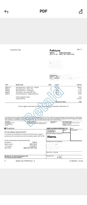 Skärmdump av en faktura med streckad kritisk information och noll kronor som belopp att betala.