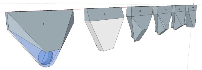 CAD-ritningar av sex olika designalternativ för tilluftslådor till ett vardagsrum, numrerade 1 till 6.