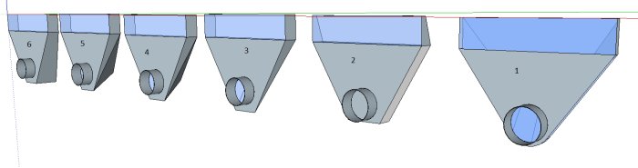 Skiss av sex olika designförslag för lufttillförsellådor med olika form och storlek för anslutning i botten.