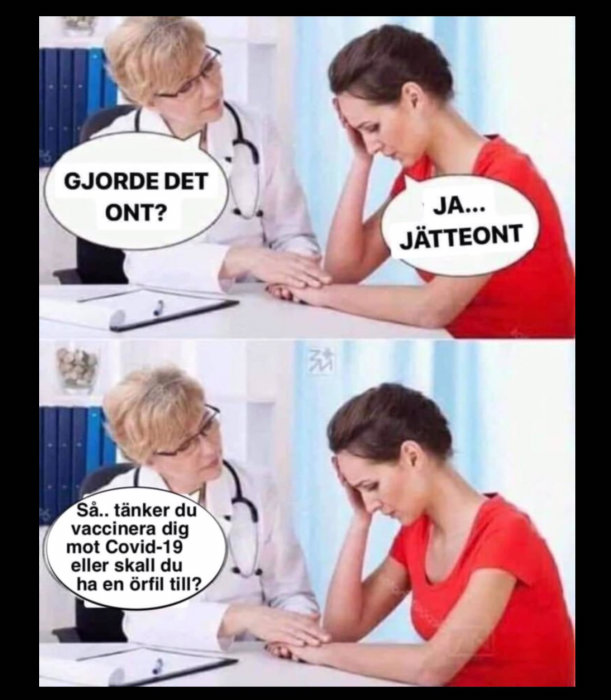 Läkare frågar patient om vaccinering, patienten ser besvärad ut, humoristisk tecknad dialog.