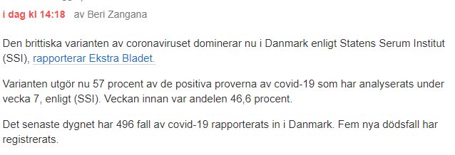 Skärmdump av en nyhetsartikel om den brittiska varianten av coronaviruset som dominerar i Danmark.