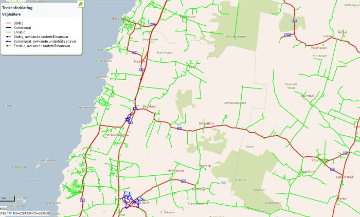 Karta som visar statliga, kommunala och enskilda vägar med olika färgkoder för väghållare i ett område.
