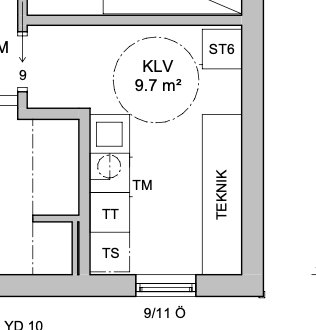 Ritning av ett hus där ett teknikskåp markerats som planerat utrymme för fjärrvärme, FTX och andra installationer.