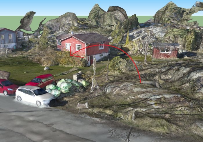 Bild som visar bergig tomt med röd ring kring "extraknalle" nära en väg, hus och parkerade bilar.