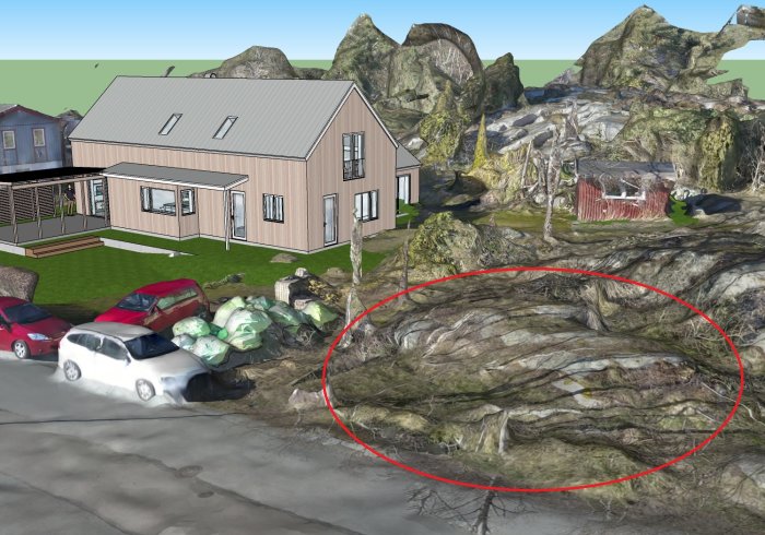 Digital illustration av ett hus bredvid en klippig terräng med en markerad knalle som diskuteras för borttagning.
