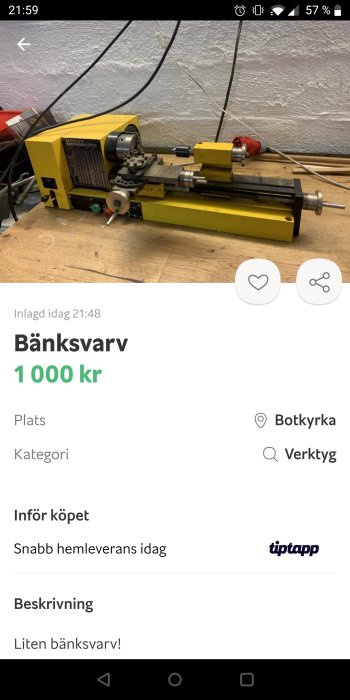 En gul MD65 bänksvarv i arbetsrum för 1000 kronor.