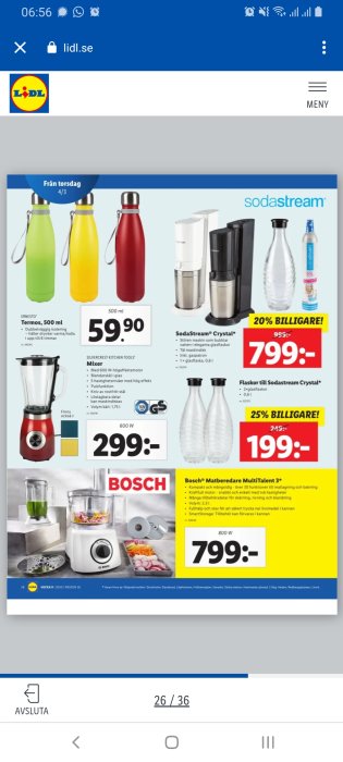 Reklamblad från Lidl med erbjudanden på köksprodukter, bl.a. Bosch matberedare och SodaStream, med priser.