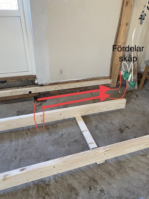 Installation av vattenburen golvvärme med redmarkerade rördragningar och fördelarskåpets placering i en orenoverad byggnad.