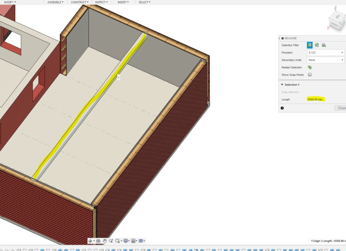 3D-ritning av byggprojekt med ett markerat bjälklag och måttangivelse på 9350 mm.