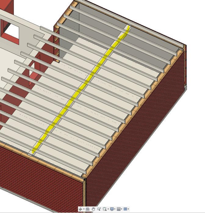 3D-ritning av ett bjälklag med markerad balk på 9400 mm vilar på tre väggar och ansluter till ett äldre hus.