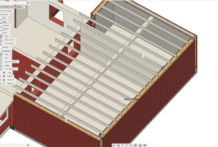 CAD-ritning av husgrund med tvärgående badrumsvägg och märkt spännvidd på 6-7 meter.