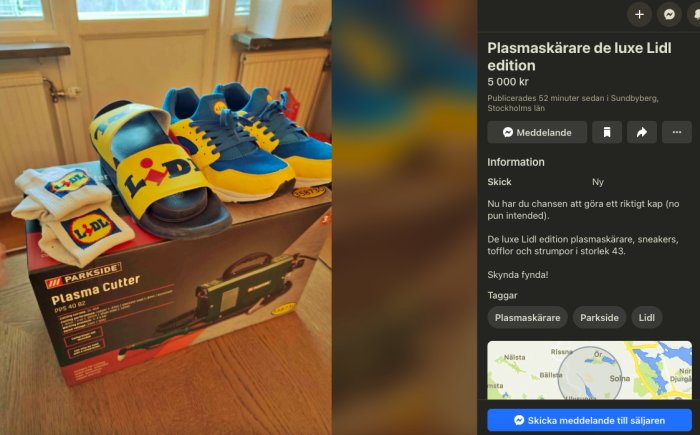 Lidl-tematiserade sneakers, tofflor och strumpor på en låda med plasmaskärare.