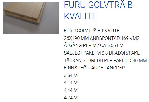 Furu golvträ B-kvalitet med information om mått, pris per kvadratmeter, paketinnehåll och tillgängliga längder.