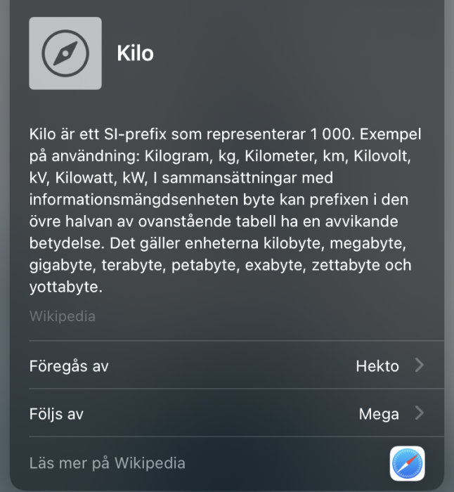 Skärmdump av Wikipediaartikel om SI-prefixet 'Kilo', med exempel på dess användning i måttenheter.