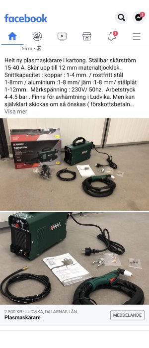 Ny plasmaskärare med tillbehör och manual på golv, oöppnad kartong i bakgrunden.