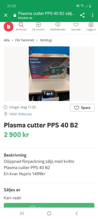 Oöppnad förpackning av en Parkside Plasma Cutter PPS 40 B2 på en försäljningsannons.