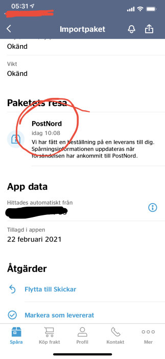 Skärmdump av paketspårningsapp som visar statusuppdatering från PostNord med tiden 10:08.