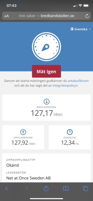 Skärmdump av bredbandskoll med nedladdningshastighet 127,17 Mbit/s och svarstid 12,34 ms.