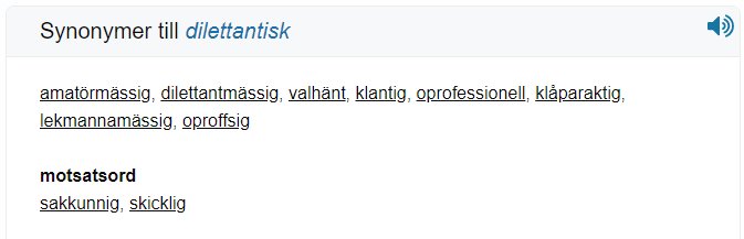 Skärmdump som visar synonymer och motsatsord till 'dilettantisk' från en ordlista online.