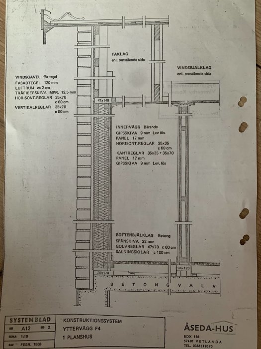 Husritning som illustrerar konstruktionssystemet för väggar och bjälklag, med markeringar och dimensioner, daterad februari 1963.