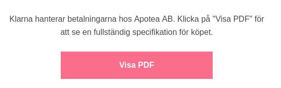 Skärmdump som visar ett meddelande om att Klarna hanterar betalningar hos Apotea med en rosa "Visa PDF"-knapp.