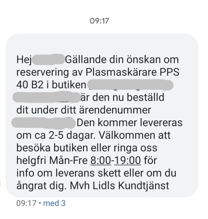 Skärmdump av ett kundservice-meddelande angående en beställning av en Plasmaskärare PPS 40 B2.