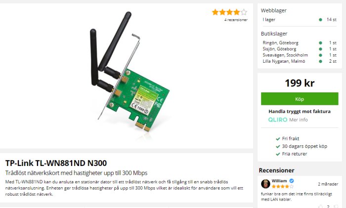 Trådlöst nätverkskort TP-Link TL-WN881ND N300 med två antenner på produktinformationsida.