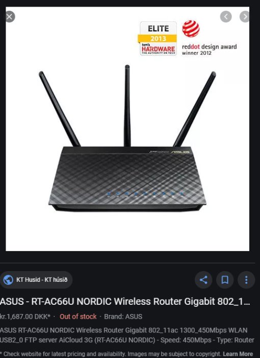 Trådlös ASUS-router med tre antenner och utmärkelsen ELITE 2013 och reddot award 2012.