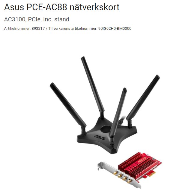 Asus PCE-AC88 trådlöst nätverkskort med fyra antenner och separata komponenter.