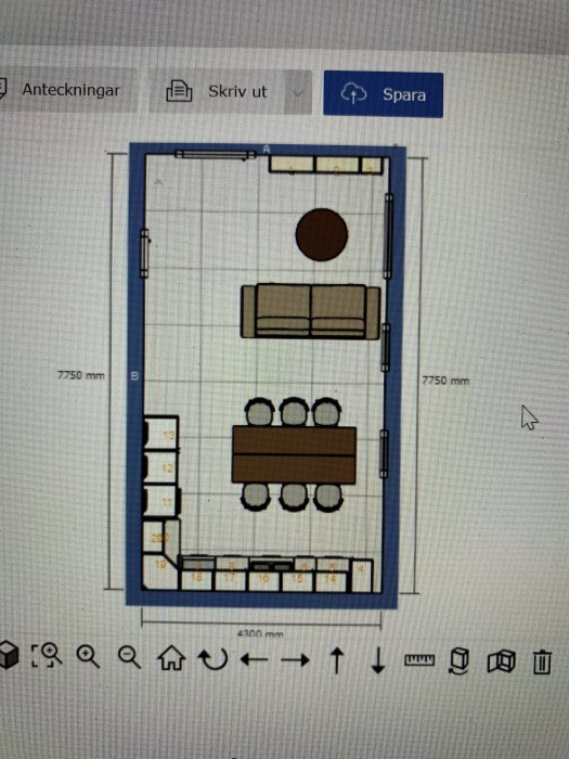 Ritning som visar omgjord planlösning med vardagsrum och kök kombinerat till sovrum.