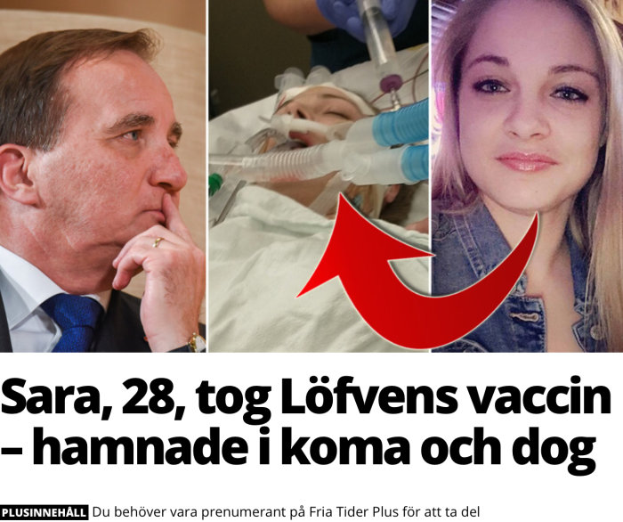 Kollage av en man som funderar, en kvinna med respirator och en leende kvinna, med en artikelrubrik om vaccinrelaterat dödsfall.