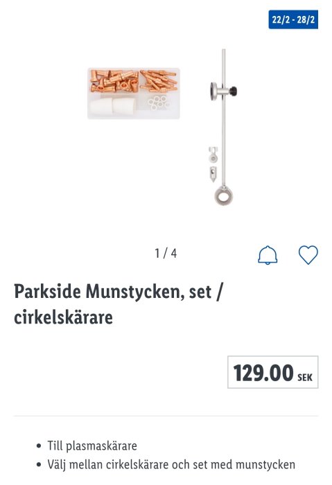 Parkside munstycken och ett set cirkelskärare för plasmaskärare, prissatt till 129.00 SEK.