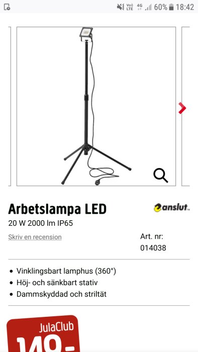 LED-arbetslampa med vinklingsbart huvud och justerbart stativ på en vit bakgrund.
