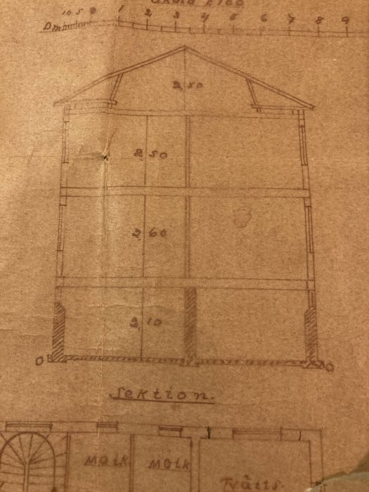 Handritad sektionsskiss av ett hus med angivna mått, potentiellt bärande väggar markerade, syftar till att identifiera bärande strukturer.