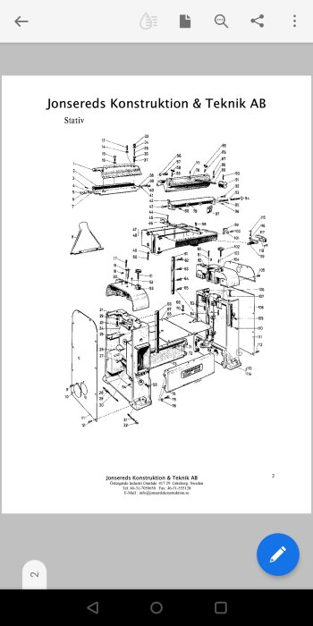 Exploded view diagram of a woodworking machine with labeled parts provided by Jonsereds Konstruktion & Teknik AB.