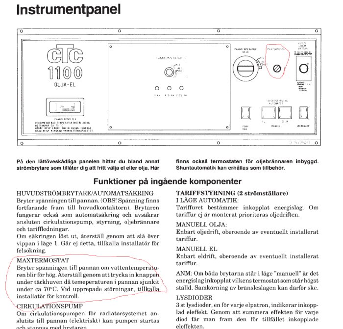 Schematisk bild av en instrumentpanel för CTC 1100 olje-el med beskrivningar av komponenter och funktioner.