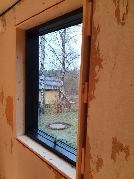 Renoverat fönster med nya fönstersmygar av limfogskivor, oputsade väggar och utsikt mot trädgården.