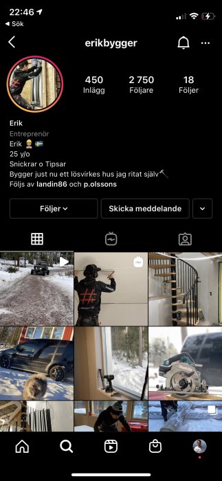 Profileringsbild av en man som arbetar och flera bilder som visar olika byggprojekt och verktyg.