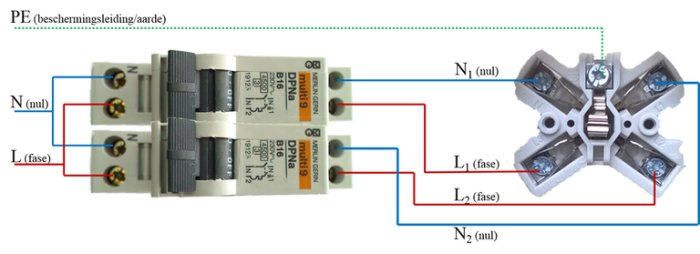 Elkopplingsschema med två brytare och en kontakt, visar 2L-2N systemet.