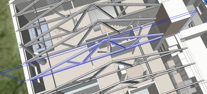 3D-modell av takstolar i en byggnad med måttangivelser för planerade öppningar.