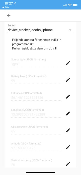 Skärmdump av användargränssnitt för enhetsspårning som visar status och GPS-koordinater för en iPhone.