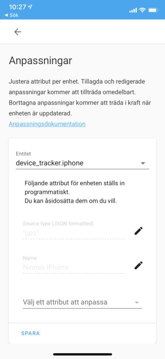 Skärmdump av en enhetens anpassningsinställningar med device_tracker.iphone och namnet "Ninnas IPhone".