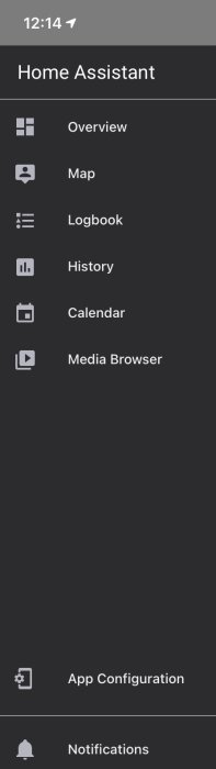 Skärmdump av en mobilapplikationens meny för "Home Assistant" med alternativet "App Configuration" markerat.