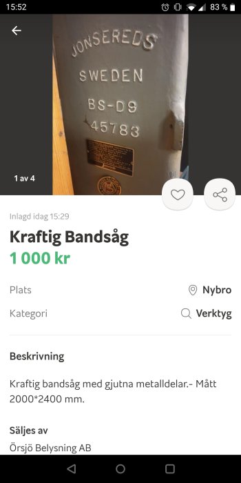 Märkning på en Jonsereds bandsåg från Sverige, modell BS-D9, med serienummer 45783. Annonstext synlig i förgrunden.