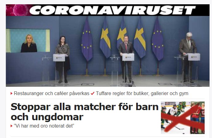 Nyhetsuppslag om stopp för barn- och ungdomsmatcher på grund av coronaviruset, presenterat av tre talare.