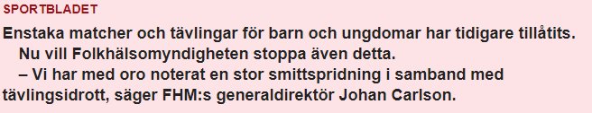 Utdrag från tidningsartikel där FHM:s generaldirektör uttalar sig om smittspridning i barn- och ungdomsidrott.