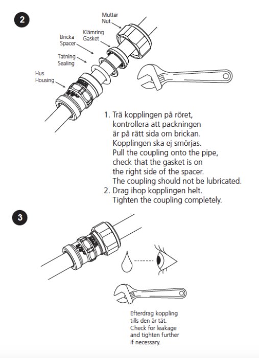 Illustration av steg för montering av en rörkoppling med textinstruktioner och verktyg.